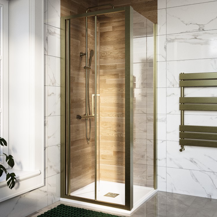 ALMOST PERFECT - Brushed Brass 6mm Glass Square Bifold Shower Enclosure 800x800mm - Carina