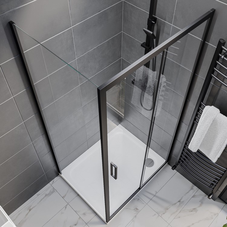 1100x700mm Black 8mm Glass Rectangular Sliding Shower Enclosure - Pavo