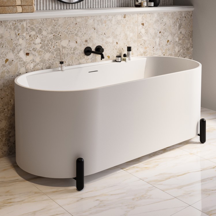 Matt White Freestanding Double Ended Bath with Ledge and Black Feet 1700 x 765mm - Clara