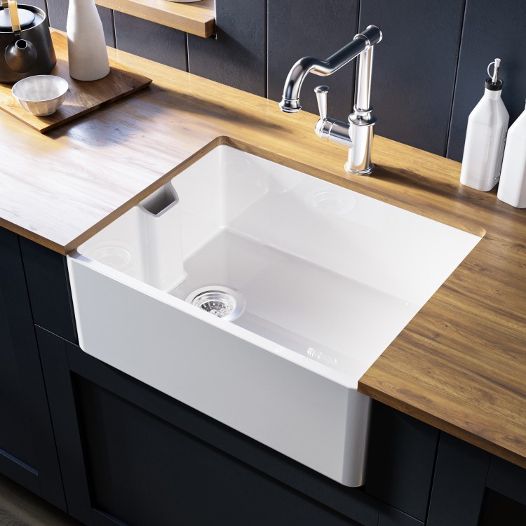 1 Bowl White Ceramic Undermount Kitchen Sink with Chrome Mixer Tap Set - Taylor & Moore