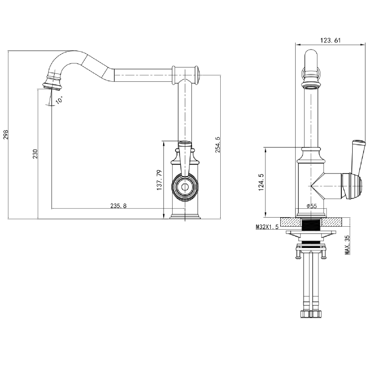 Chrome Single Lever French Traditional Monobloc Kitchen Mixer Tap - Enza Evelyn