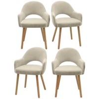 Set of 4 Beige Upholstered Dining Chairs with Oak Legs - Colbie