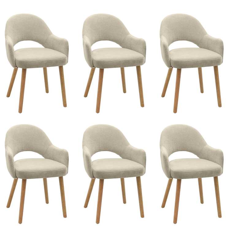 Set of 6 Beige Upholstered Dining Chairs with Oak Legs - Colbie
