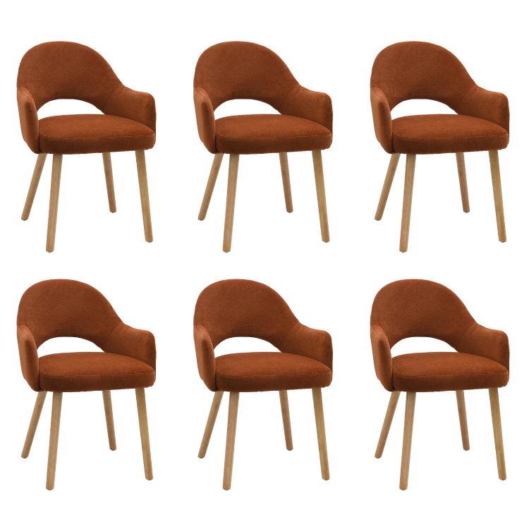 Set of 6 Burnt Orange Upholstered Dining Chairs with Oak Legs - Colbie