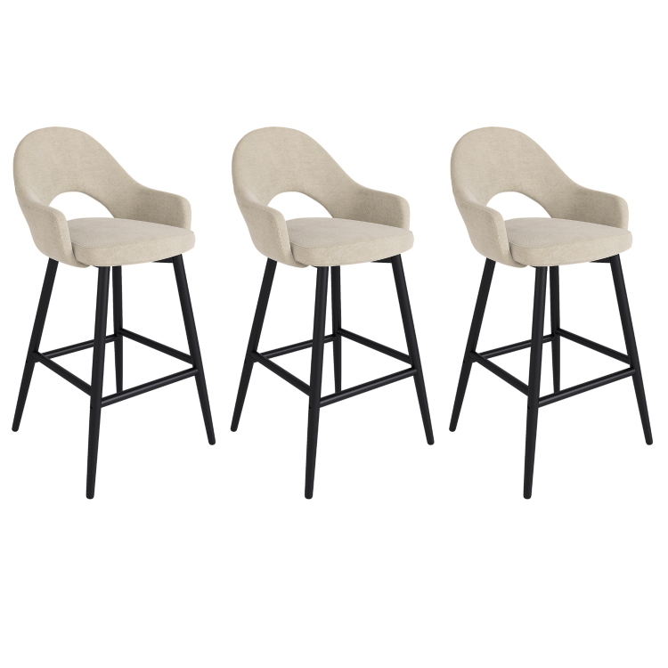 Set of 3 Black and Beige Upholstered Kitchen Stools with Back - Colbie