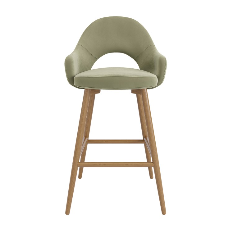 Oak and Sage Green Velvet Kitchen Stool with Back - Colbie