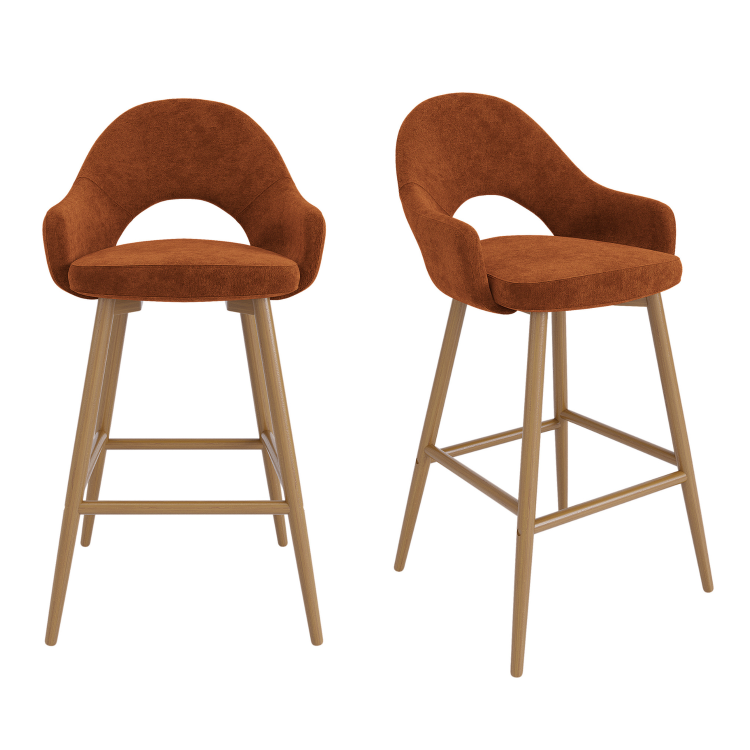 Set of 2 Oak and Burnt Orange Upholstered Kitchen Stools with Back - Colbie