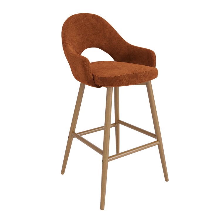 Set of 3 Oak and Burnt Orange Upholstered Kitchen Stools with Back - Colbie