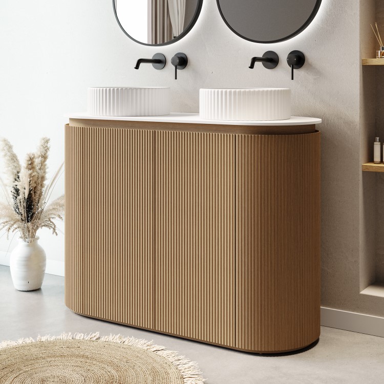 1200mm Wooden Curved Fluted Freestanding Double Countertop Vanity Unit with Basins - Matira