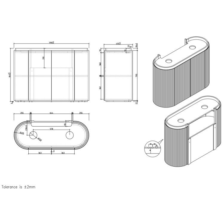 1200mm Wooden Curved Fluted Freestanding Double Countertop Vanity Unit with Basins - Matira