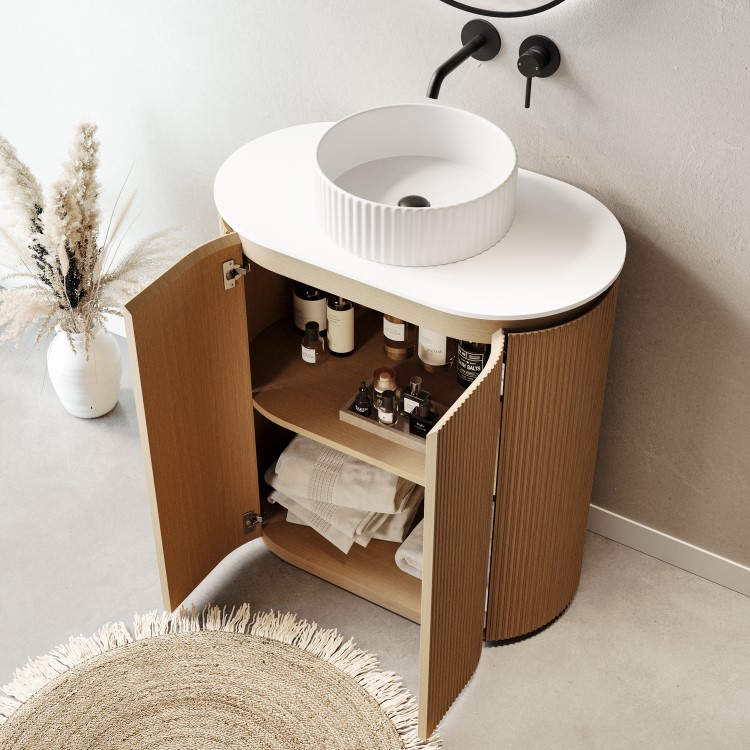 800mm Wooden Curved Fluted Freestanding Countertop Vanity Unit with Basin - Matira