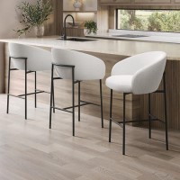 Set of 3 White Boucle Upholstered Kitchen Stools with Black Legs and Back - Cora Set of 3 White Boucle Upholstered Kitchen Stools with Black Legs and Back - Cora
