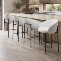 Set of 4 White Boucle Upholstered Kitchen Stools with Black Legs and Back - Cora Set of 4 White Boucle Upholstered Kitchen Stools with Black Legs and Back - Cora