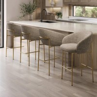 Set of 4 Mink Upholstered Kitchen Stools with Brass Legs and Back - Cora Set of 4 Mink Upholstered Kitchen Stools with Brass Legs and Back - Cora