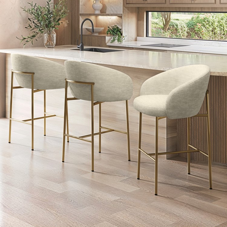 Set of 3 Cream Upholstered Kitchen Stools with Brass Legs and Back - Cora