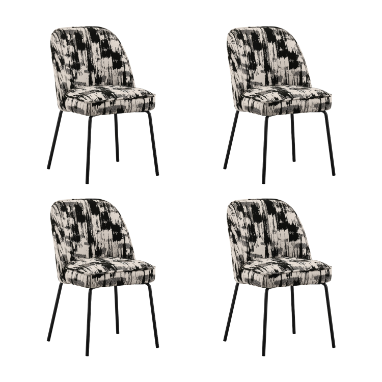 Set of 4 Cream and Black Jacquard Upholstered Curved Dining Chairs - Celia