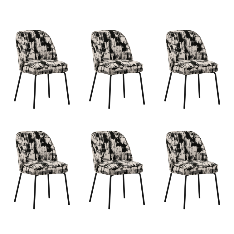 Set of 6 Cream and Black Jacquard Upholstered Dining Chairs - Celia