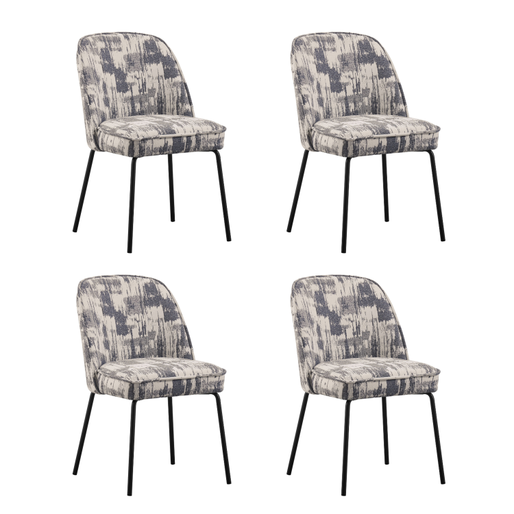 Set of 4 Cream and Grey Jacquard Upholstered Curved Dining Chairs - Celia