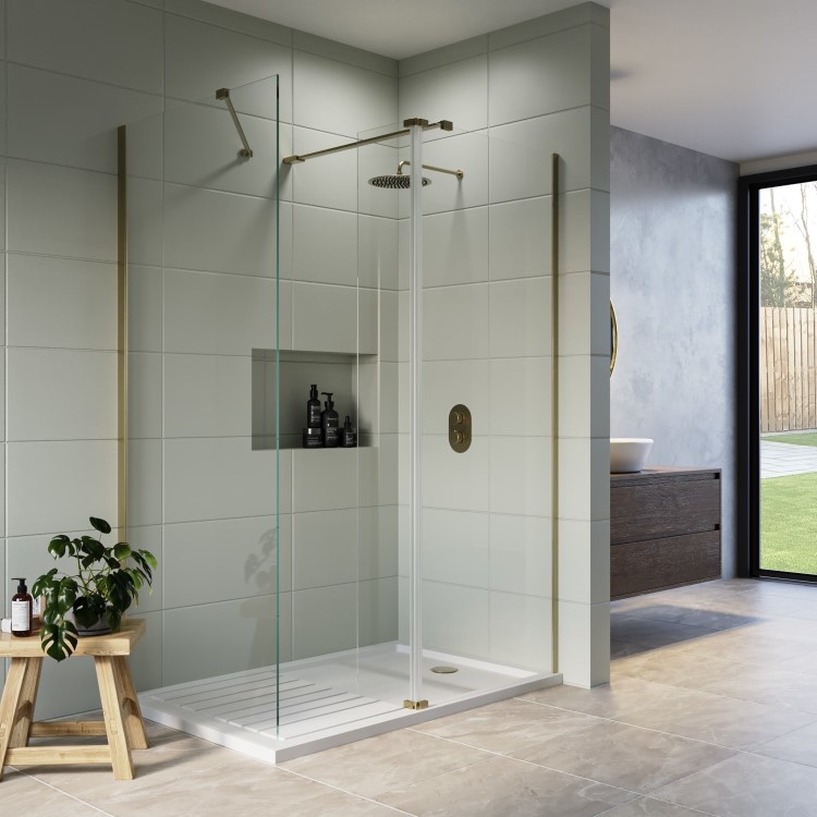 1600x800mm Brushed Brass Walk-In Shower Screen Enclosure with 300mm Hinged Flipper Panel and Shower Tray – Corvus