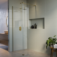 800mm Brushed Brass Shower Screen for Wet Room & Walk In Shower with 300mm Hinged Flipper Panel - Corvus