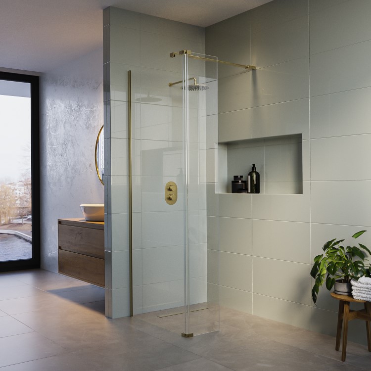 800mm Brushed Brass Shower Screen for Wet Room & Walk In Shower with 300mm Hinged Flipper Panel - Corvus