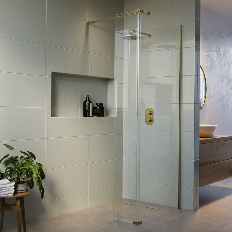 800mm Brushed Brass Shower Screen for Wet Room & Walk In Shower with 300mm Hinged Flipper Panel – Corvus
