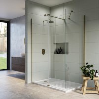 1400x900mm Brushed Brass Walk In Shower Screen Enclosure with 300mm Hinged Flipper Panel and Shower Tray - Corvus