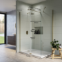 1400x900mm Brushed Brass Walk In Shower Screen Enclosure with 300mm Hinged Flipper Panel and Shower Tray - Corvus