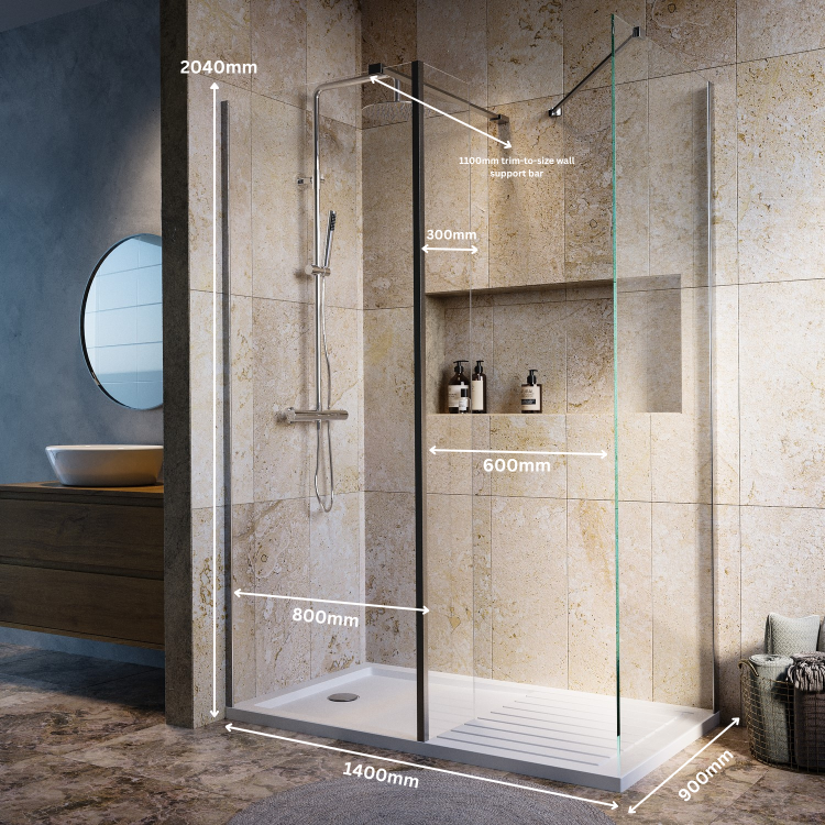 1400x900mm Brushed Nickel Walk-In Shower Screen Enclosure with Fixed Panel – Corvus