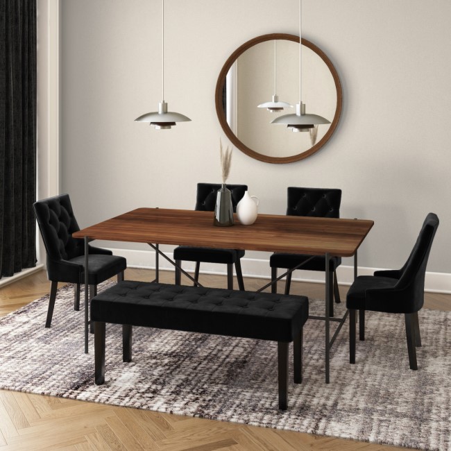 Walnut Dining Table with 4 Black Velvet Dining Chairs and a Matching Bench - Cooper