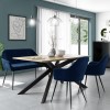 Oak Dining Table Set with 2 Navy Velvet Chairs &amp; 1 Bench - Seats 4 - Carson