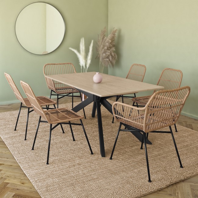 Oak Dining Table Set with 6 Brown Rattan Chairs - Seats 6 - Carson