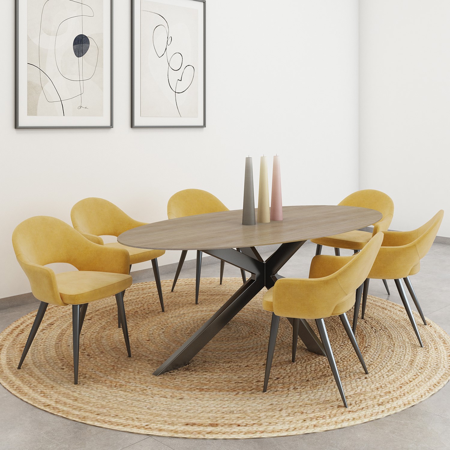 carson oak oval dining table with 6 mustard yellow dining chairs