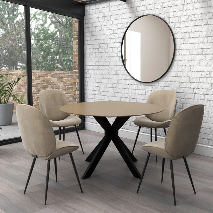 Round Oak Drop Leaf Dining Table Set with 4 Mink Velvet Chairs - Seats 4 - Carson
