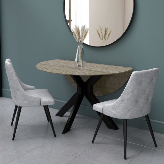 Round Grey Drop Leaf Dining Table with 2 Grey Fabric Dining Chairs - Carson