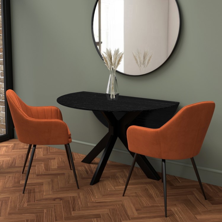 Round Black Oak Drop Leaf Dining Table Set with 2 Orange Velvet Chairs - Seats 2 - Carson