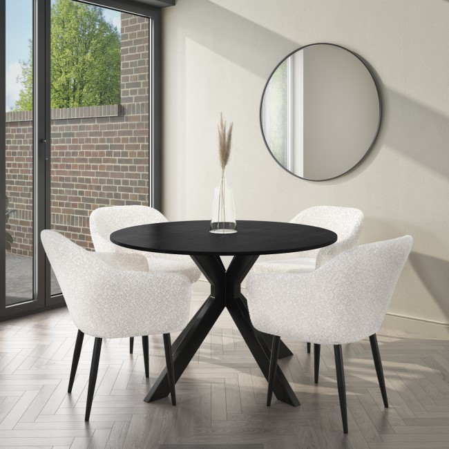 Round Black Drop Leaf Oak Dining Table with 4 Cream Boucle Dining Chairs -  Carson