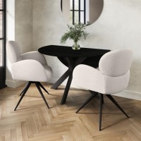 Round Black Oak Drop Leaf Dining Table Set with 2 Beige Boucle Chairs - Seats 2 - Carson