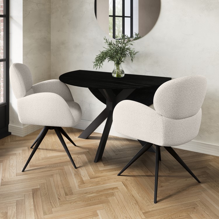 Round Black Oak Drop Leaf Dining Table Set with 2 Beige Boucle Chairs - Seats 2 - Carson
