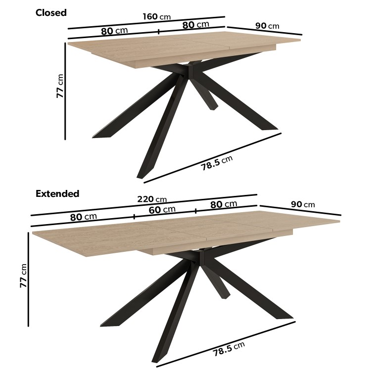 Oak Extendable Dining Table Set with 4 Black Faux Leather Chairs - Seats 4 - Carson
