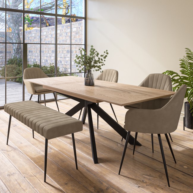 Oak Extendable Dining Table Set with 4 Beige Faux Leather Chairs and 1 Bench - Seats 6 - Carson