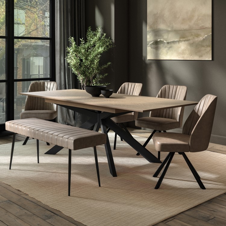 Oak Extendable Dining Table Set with 4 Beige Faux Leather Swivel Chairs and 1 Bench - Seats 6 - Carson
