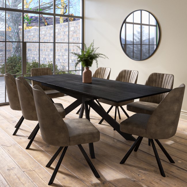 Black Extendable Dining Table Set with 8 Brown Faux Leather Swivel Chairs - Seats 8 - Carson