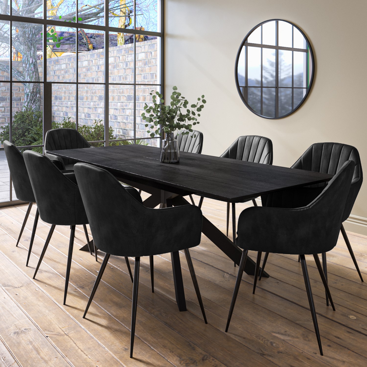 Extendable Black Dining Table Set with 8 Black Faux Leather Chairs