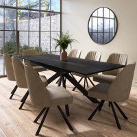 Black Extendable Dining Table Set with 8 Beige Faux Leather Swivel Chairs - Seats 8 - Carson Black Extendable Dining Table Set with 8 Beige Faux Leather Swivel Chairs - Seats 8 - Carson