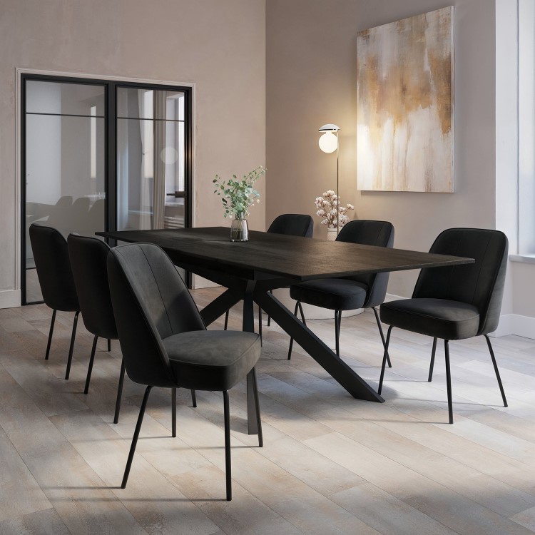 Large Rectangular Black Extendable Dining Table Set with 6 Black Fabric Chairs - Seats 6 - Carson