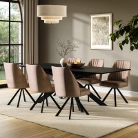 Large Rectangular Black Extendable Dining Table Set with 6 Beige Faux Leather Swivel Chairs - Seats 6 - Carson Large Rectangular Black Extendable Dining Table Set with 6 Beige Faux Leather Swivel Chairs - Seats 6 - Carson