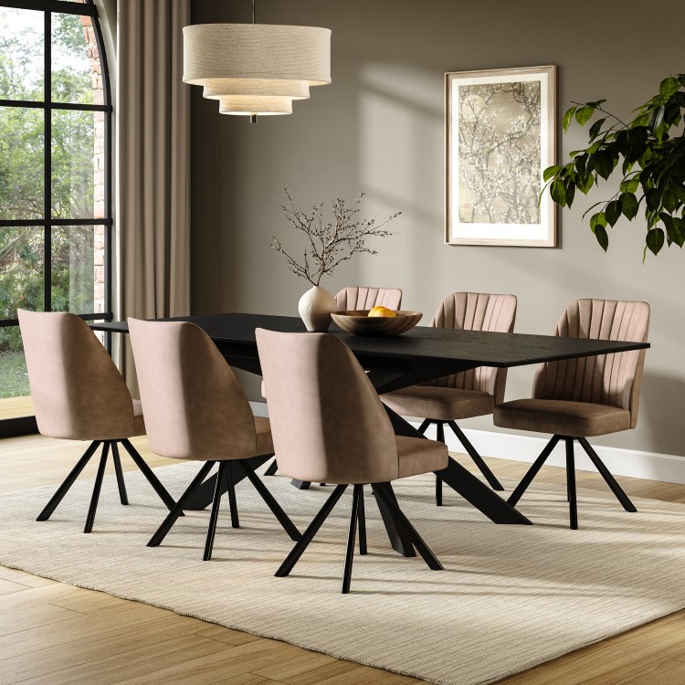 Black Extendable Dining Table Set with 6 Beige Faux Leather Swivel Dining Chairs - Seats 6 - Carson
