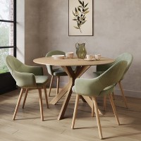 Round Oak Drop Leaf Dining Table Set with 4 Sage Green Velvet Chairs - Seats 4 - Carson