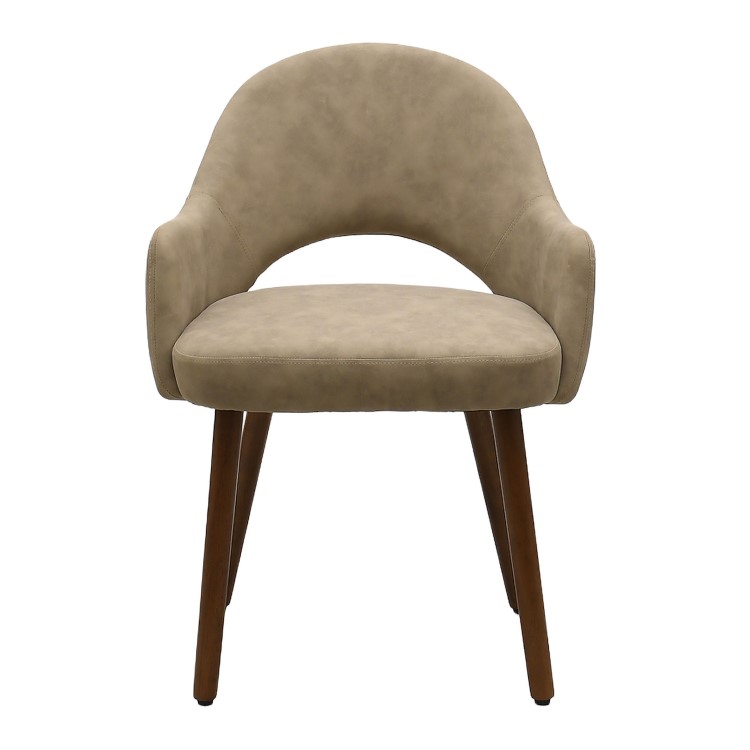Large Round to Oval Walnut Extendable Dining Table Set with 6 Beige Faux Leather Chairs - Seats 6 - Karie